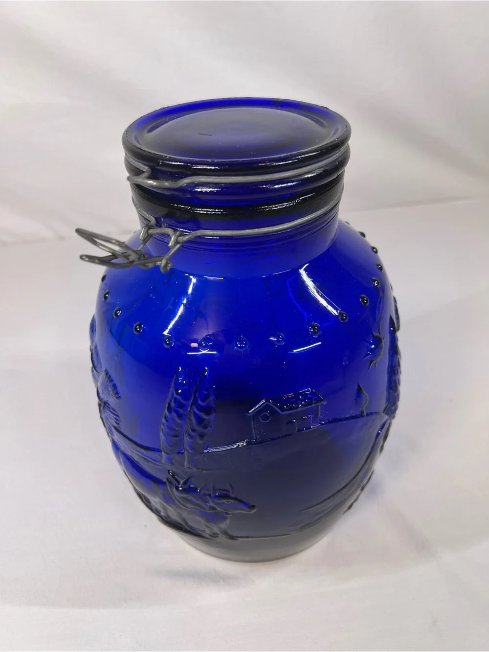 Made in Italy Cobalt Blue Glass Canister Vase with Embossed Design